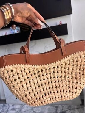 Polene Two-Tone Woven Tote - Cream & Brown